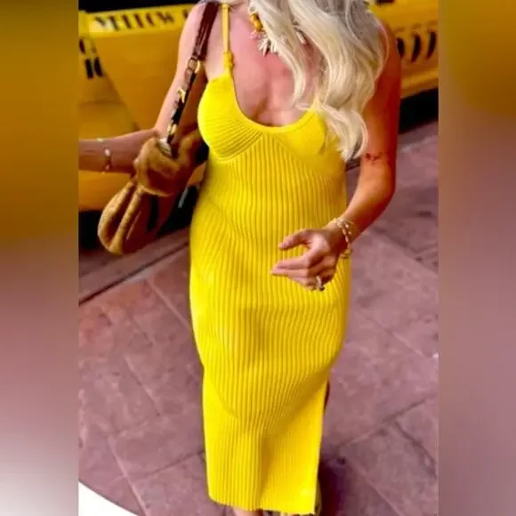 NWOT Revolve x House of Harlow 1960 Lemon Striped Ribbed Beaded Midi Dress small - Picture 3 of 9